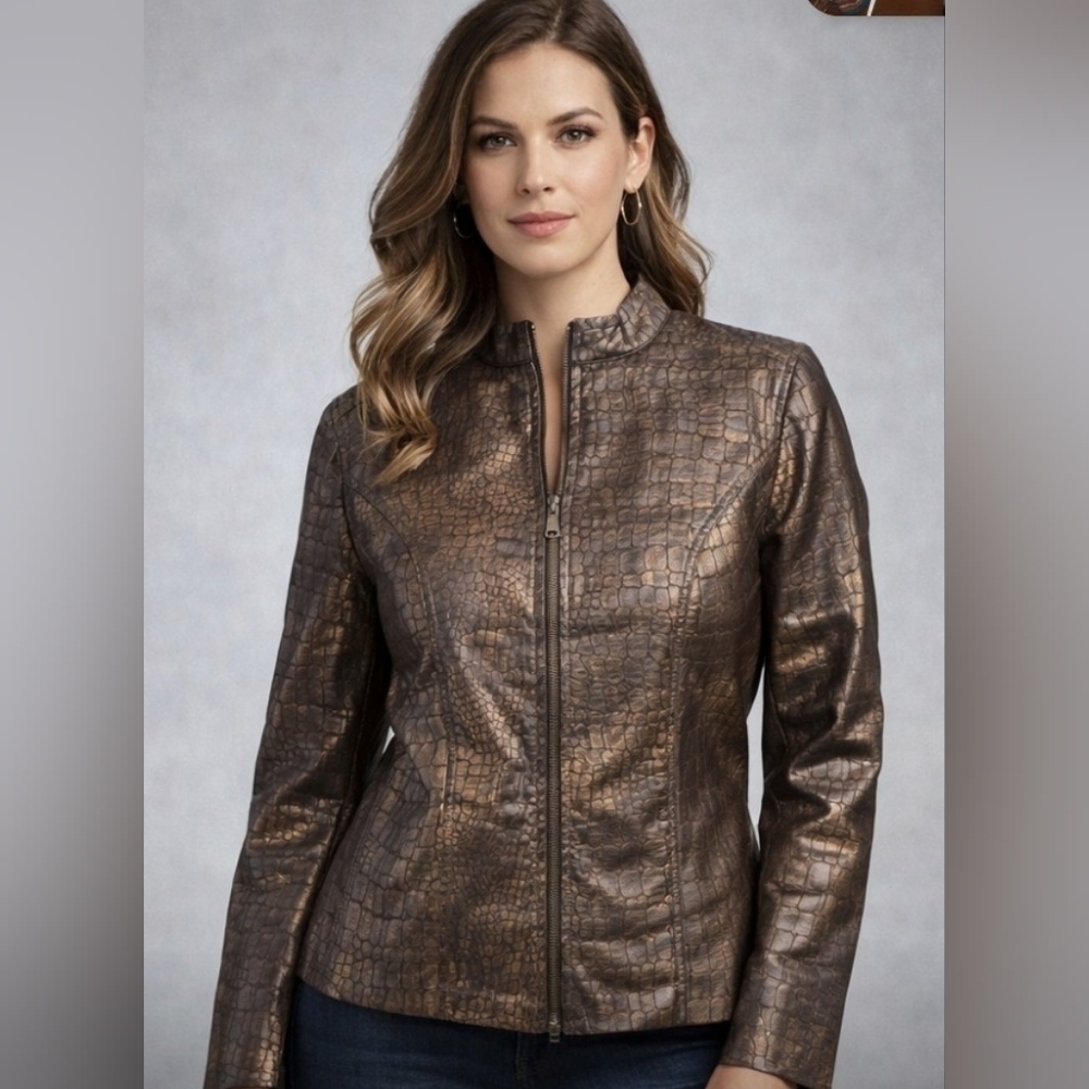 Chico's Size 0 EUC Women's Brown Crocodile-Embossed Jacket PTP 20